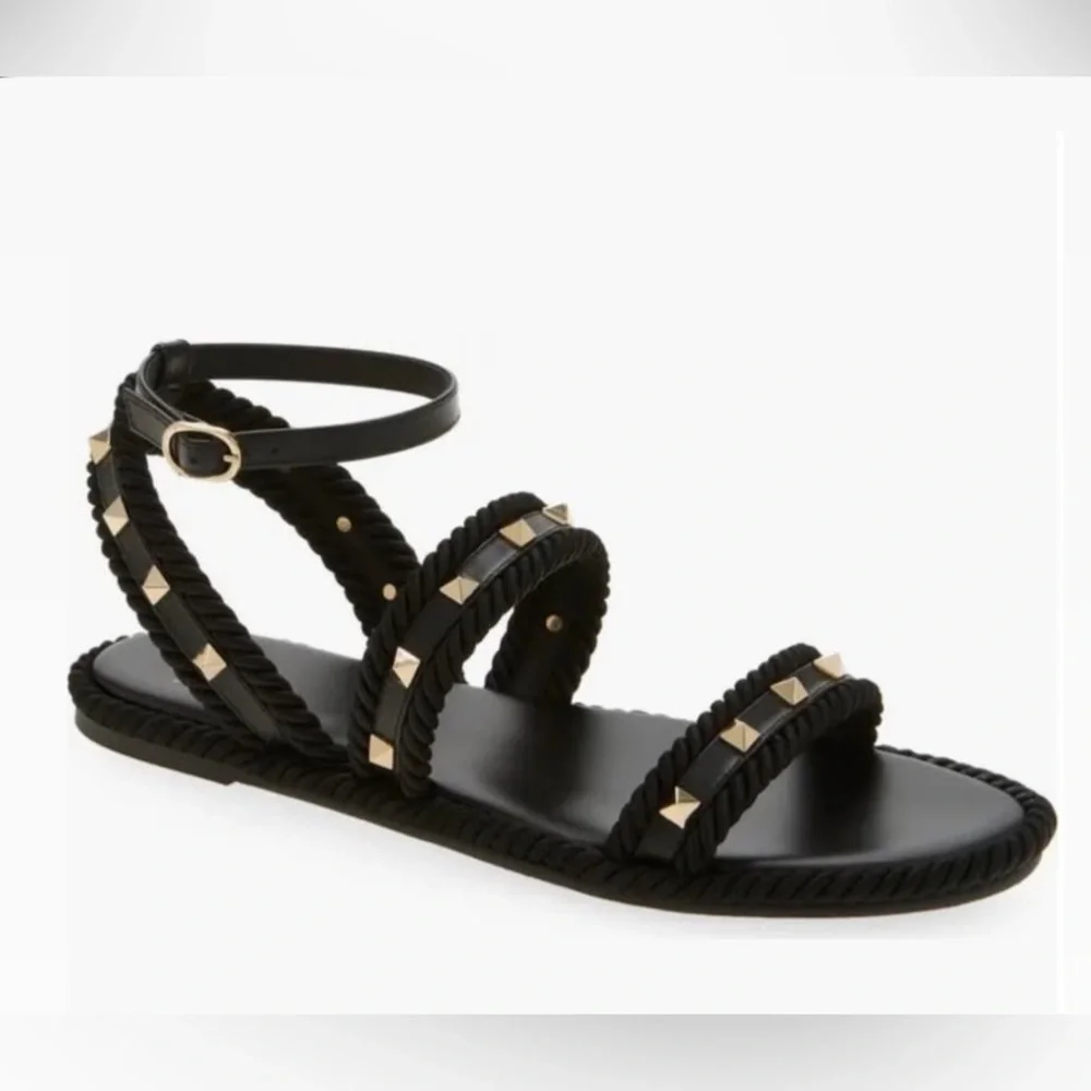 Valentino rockstud espadrilles black braided fabrics leather sandals flats sz 36